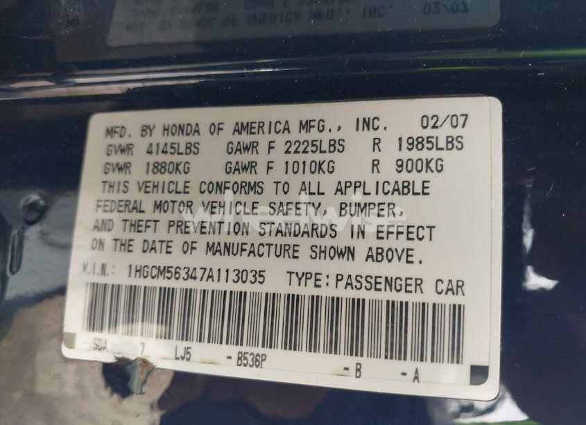 Photo 9 of 2007 Honda Accord 2.4 SE (VIN 1HGCM56347A113035)