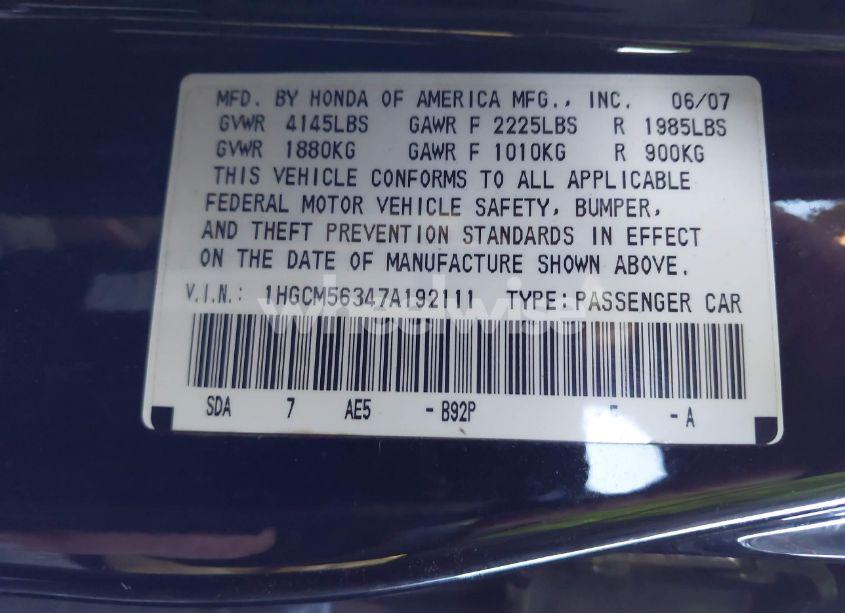 Photo 9 of 2007 Honda Accord 2.4 SE (VIN 1HGCM56347A192111)