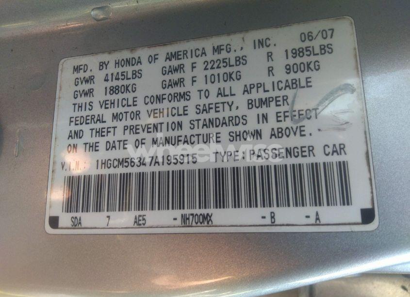 Photo 9 of 2007 Honda Accord 2.4 SE (VIN 1HGCM56347A195915)