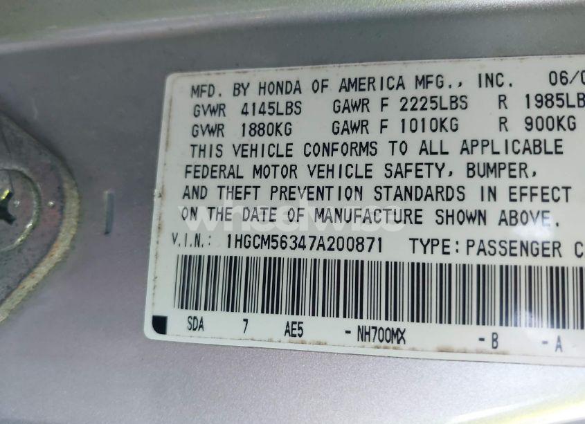 Photo 9 of 2007 Honda Accord 2.4 SE (VIN 1HGCM56347A200871)