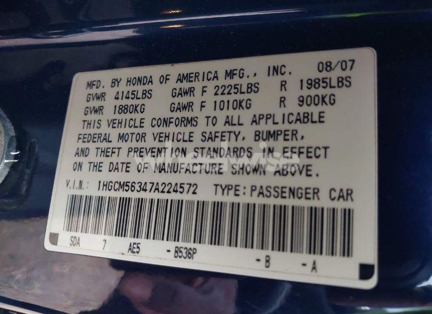 Photo 9 of 2007 Honda Accord 2.4 SE (VIN 1HGCM56347A224572)