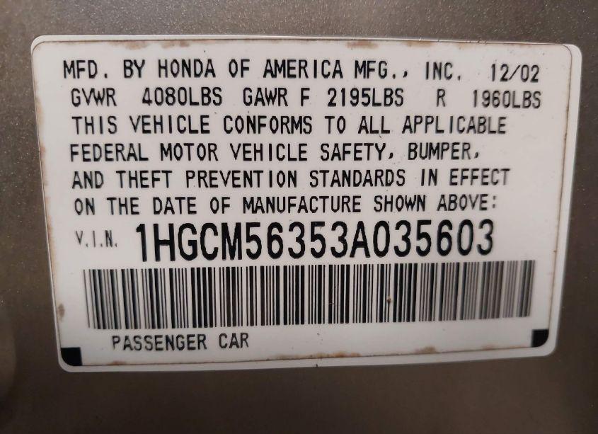 Photo 9 of 2003 Honda Accord 2.4 LX (VIN 1HGCM56353A035603)