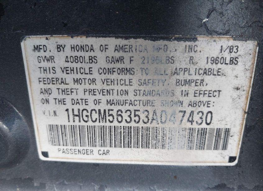 Photo 9 of 2003 Honda Accord 2.4 LX (VIN 1HGCM56353A047430)