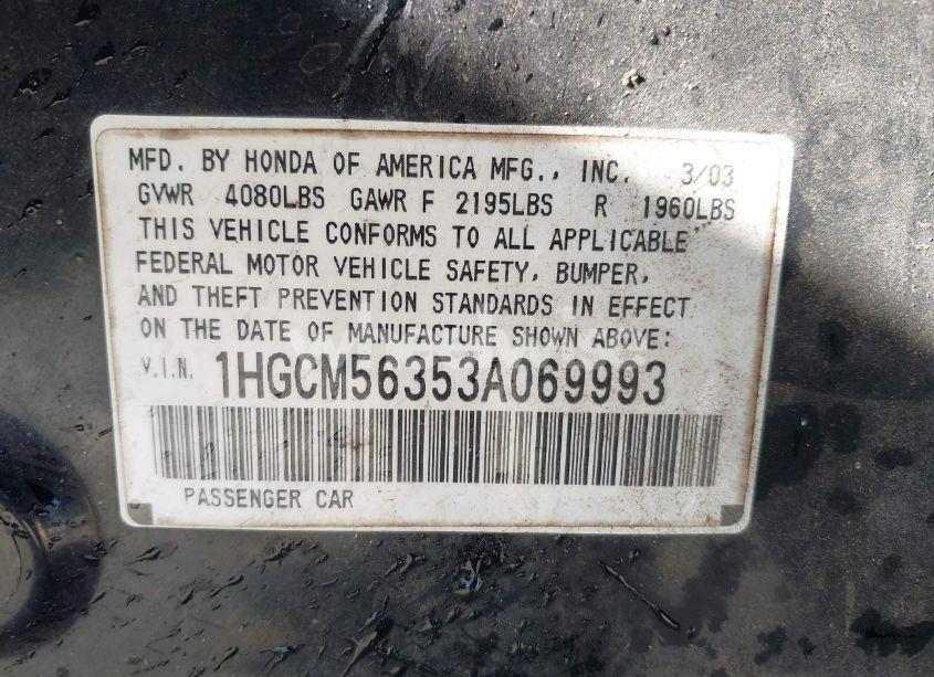 Photo 9 of 2003 Honda Accord 2.4 LX (VIN 1HGCM56353A069993)