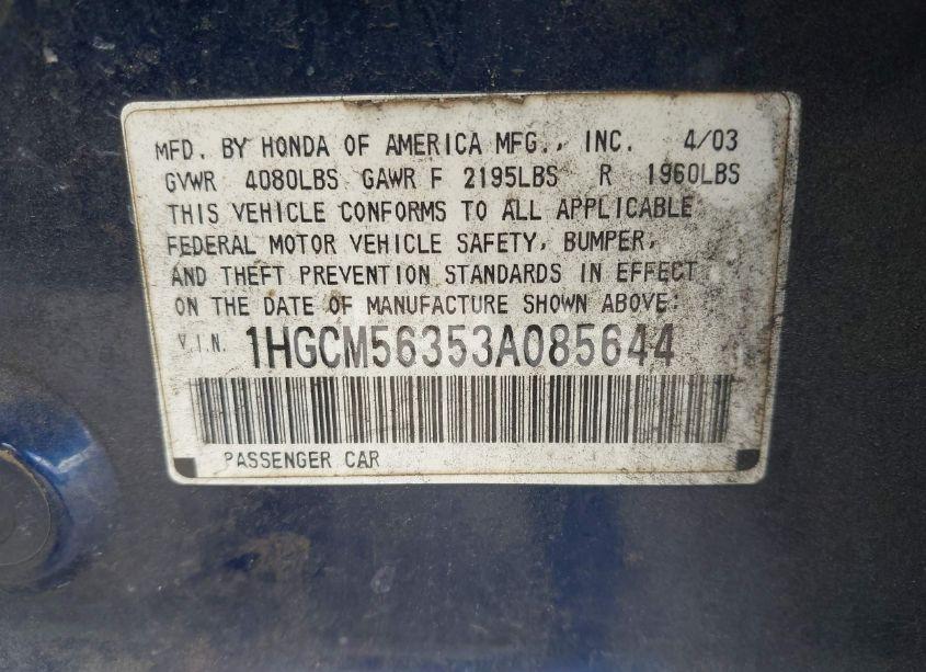 Photo 9 of 2003 Honda Accord 2.4 LX (VIN 1HGCM56353A085644)