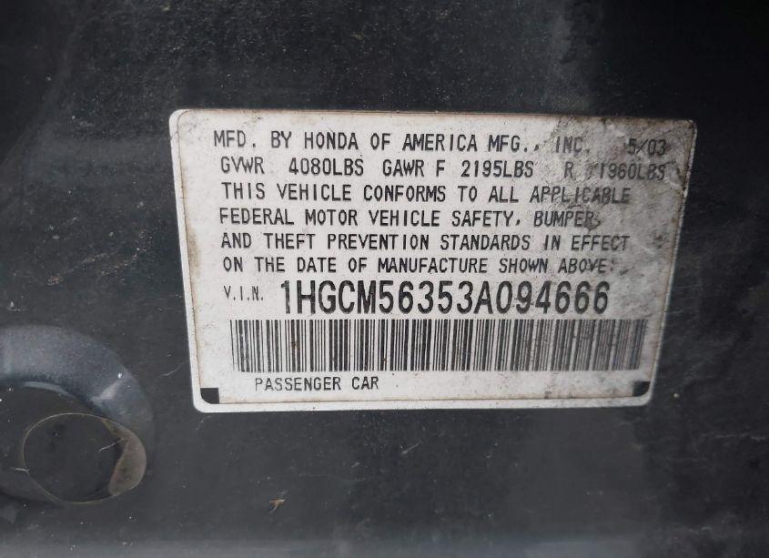 Photo 9 of 2003 Honda Accord 2.4 LX (VIN 1HGCM56353A094666)