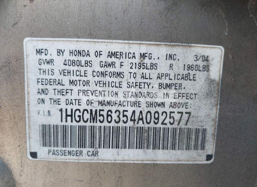 Photo 9 of 2004 Honda Accord 2.4 LX (VIN 1HGCM56354A092577)