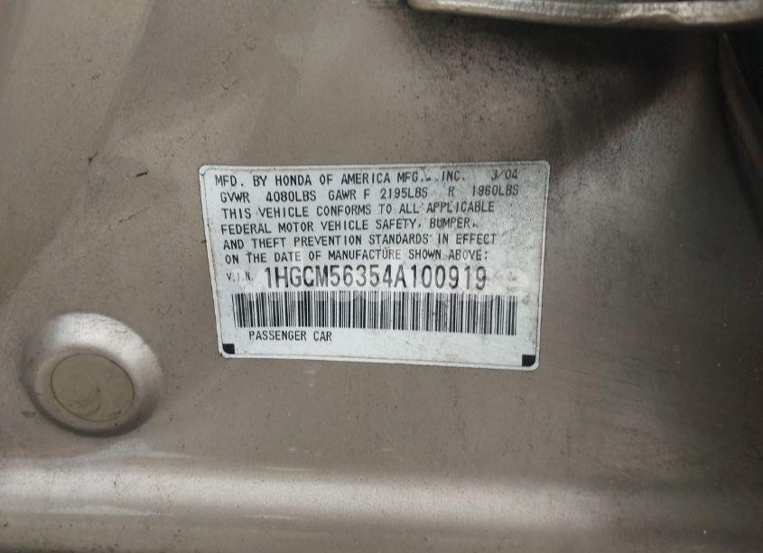 Photo 9 of 2004 Honda Accord 2.4 LX (VIN 1HGCM56354A100919)