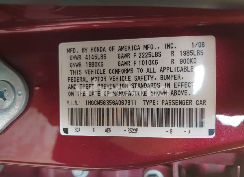 Photo 9 of 2006 Honda Accord 2.4 SE (VIN 1HGCM56356A067911)