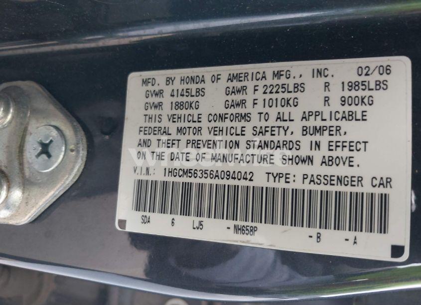 Photo 9 of 2006 Honda Accord 2.4 SE (VIN 1HGCM56356A094042)