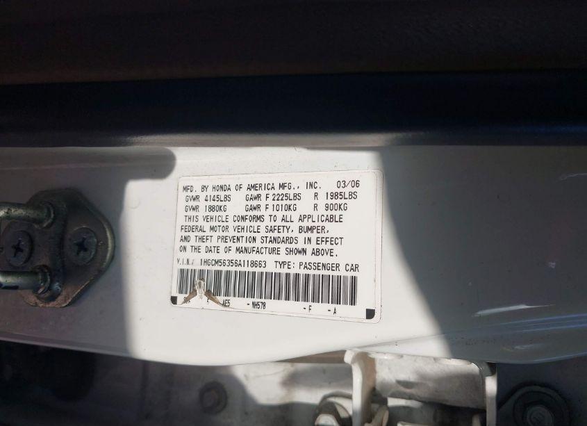 Photo 9 of 2006 Honda Accord 2.4 SE (VIN 1HGCM56356A118663)