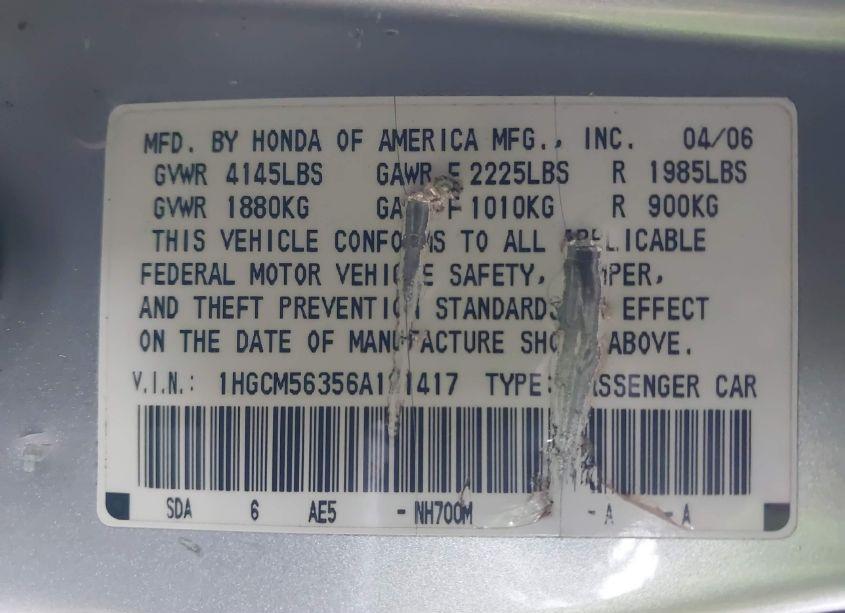 Photo 9 of 2006 Honda Accord 2.4 SE (VIN 1HGCM56356A121417)