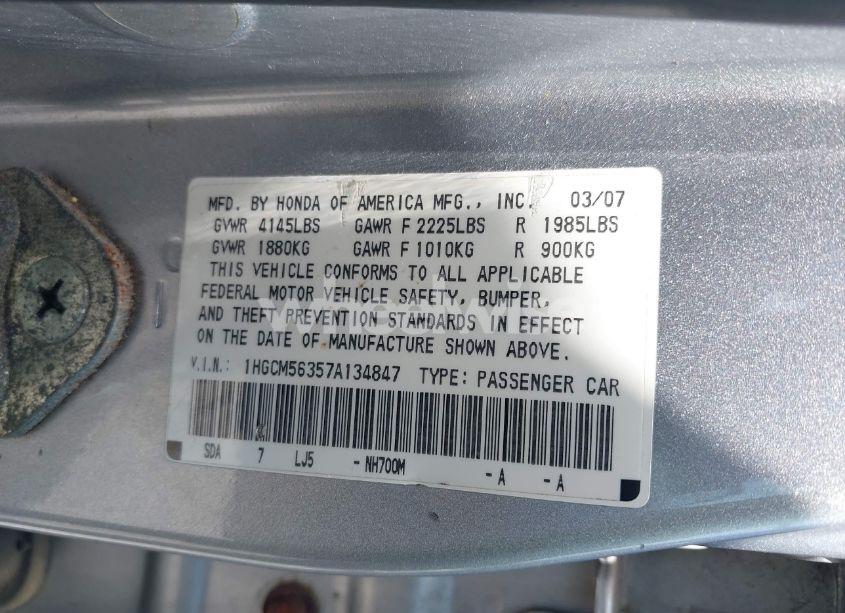 Photo 9 of 2007 Honda Accord 2.4 SE (VIN 1HGCM56357A134847)
