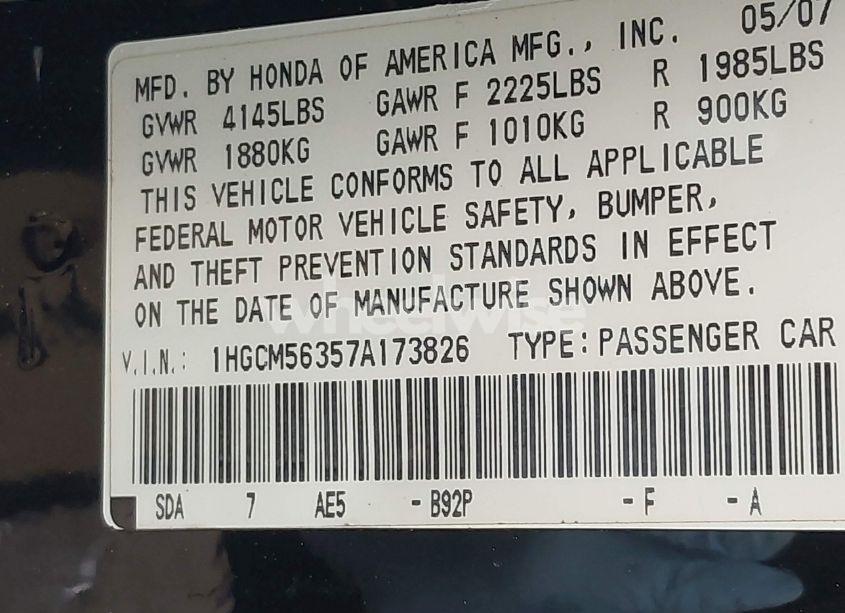Photo 9 of 2007 Honda Accord 2.4 SE (VIN 1HGCM56357A173826)