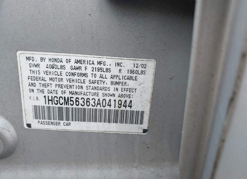 Photo 9 of 2003 Honda Accord 2.4 LX (VIN 1HGCM56363A041944)