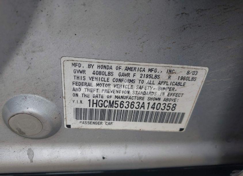 Photo 9 of 2003 Honda Accord 2.4 LX (VIN 1HGCM56363A140358)