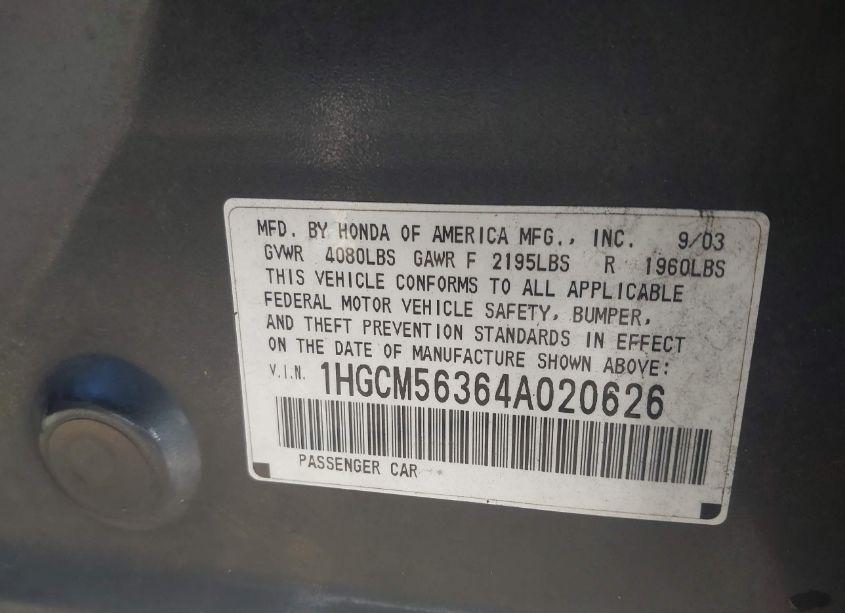 Photo 9 of 2004 Honda Accord 2.4 LX (VIN 1HGCM56364A020626)
