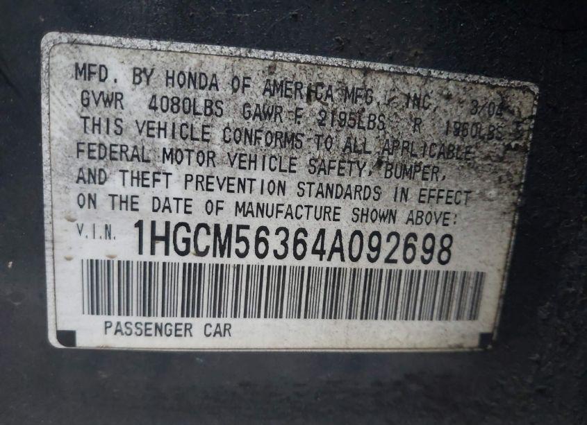 Photo 9 of 2004 Honda Accord 2.4 LX (VIN 1HGCM56364A092698)