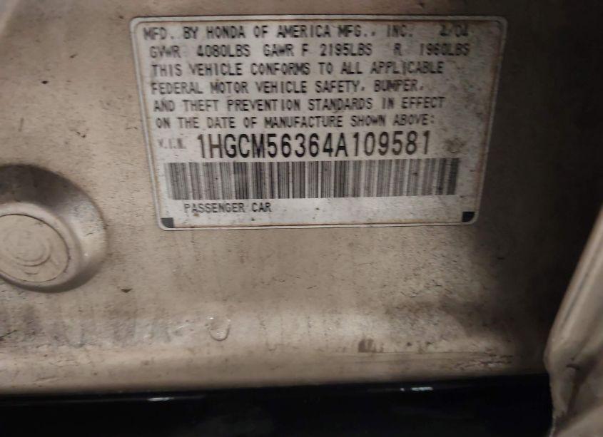 Photo 9 of 2004 Honda Accord 2.4 LX (VIN 1HGCM56364A109581)