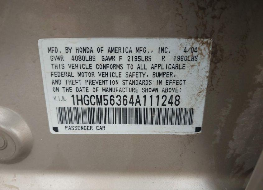 Photo 9 of 2004 Honda Accord 2.4 LX (VIN 1HGCM56364A111248)