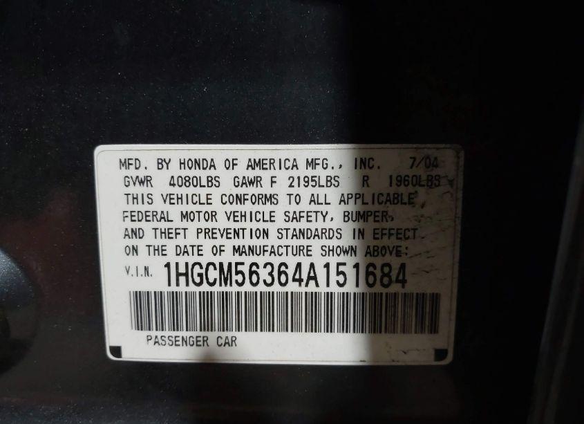 Photo 8 of 2004 Honda Accord 2.4 LX (VIN 1HGCM56364A151684)