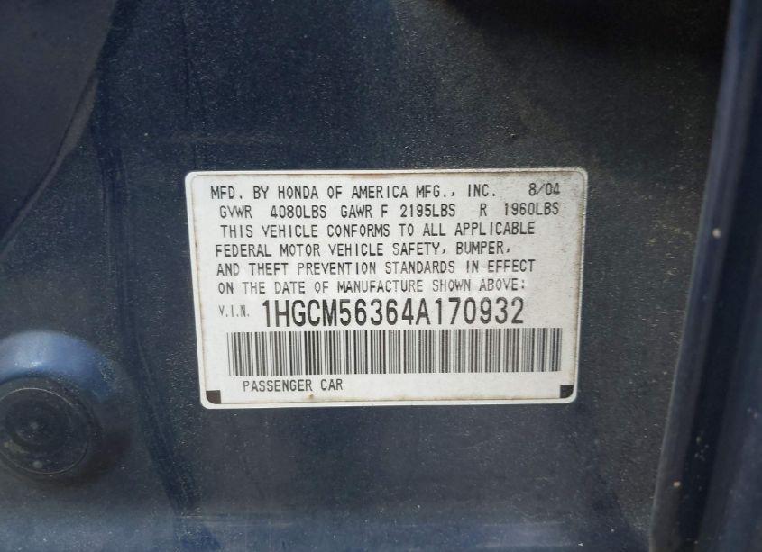 Photo 9 of 2004 Honda Accord 2.4 LX (VIN 1HGCM56364A170932)