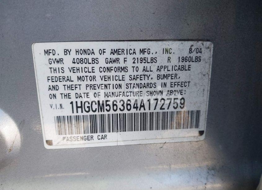 Photo 9 of 2004 Honda Accord 2.4 LX (VIN 1HGCM56364A172759)