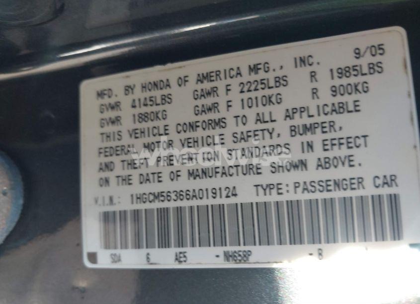 Photo 9 of 2006 Honda Accord 2.4 SE (VIN 1HGCM56366A019124)