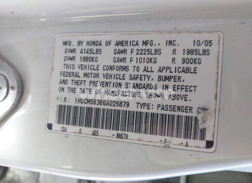 Photo 9 of 2006 Honda Accord 2.4 SE (VIN 1HGCM56366A026879)