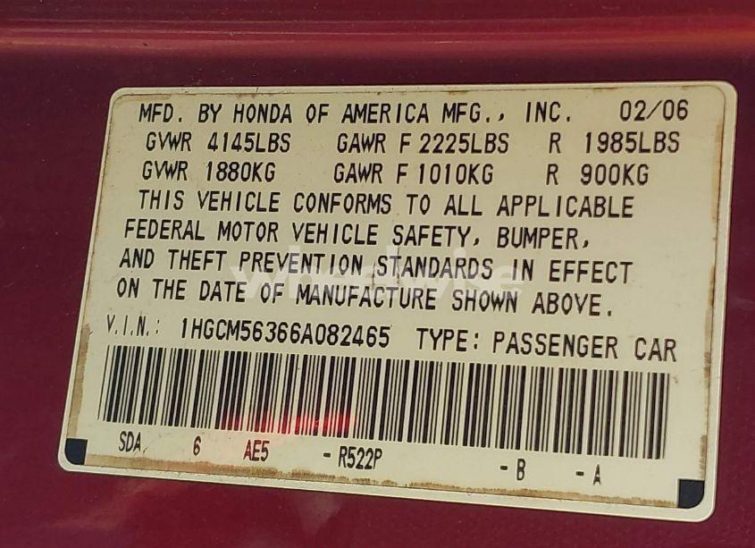 Photo 9 of 2006 Honda Accord 2.4 SE (VIN 1HGCM56366A082465)
