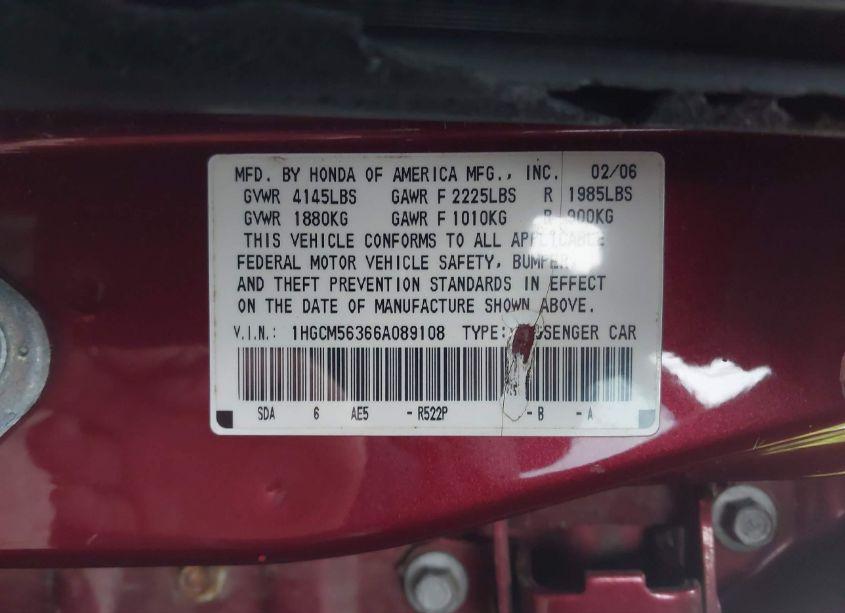Photo 9 of 2006 Honda Accord 2.4 SE (VIN 1HGCM56366A089108)
