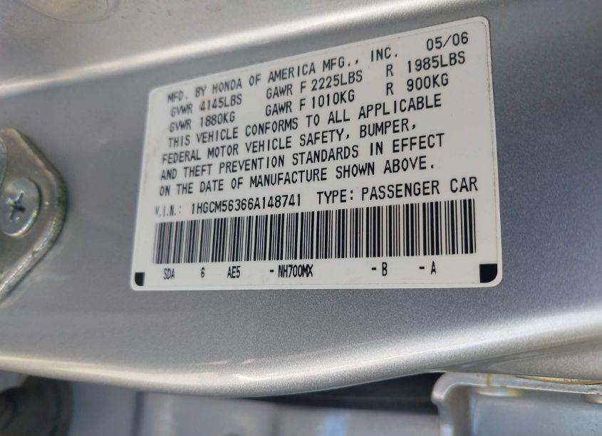 Photo 9 of 2006 Honda Accord 2.4 SE (VIN 1HGCM56366A148741)