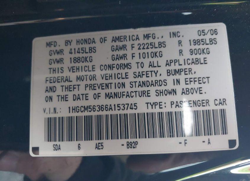 Photo 9 of 2006 Honda Accord 2.4 SE (VIN 1HGCM56366A153745)