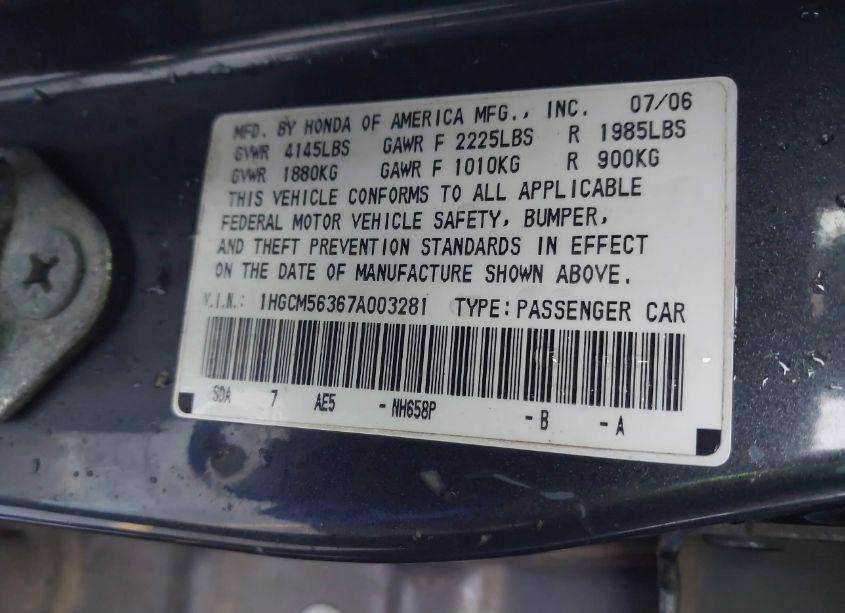 Photo 9 of 2007 Honda Accord 2.4 SE (VIN 1HGCM56367A003281)