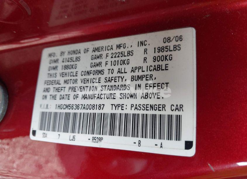 Photo 9 of 2007 Honda Accord 2.4 SE (VIN 1HGCM56367A008187)