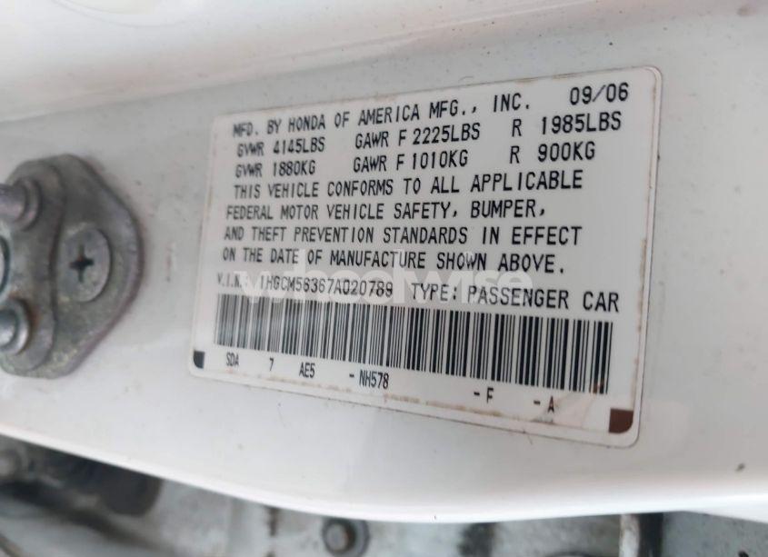 Photo 9 of 2007 Honda Accord 2.4 SE (VIN 1HGCM56367A020789)