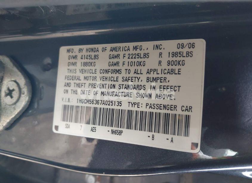 Photo 9 of 2007 Honda Accord 2.4 SE (VIN 1HGCM56367A025135)
