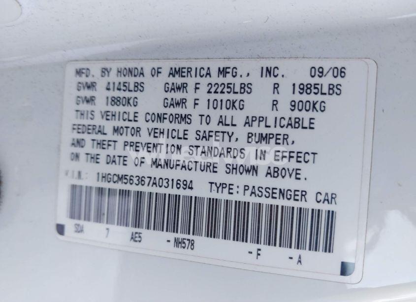 Photo 9 of 2007 Honda Accord 2.4 SE (VIN 1HGCM56367A031694)