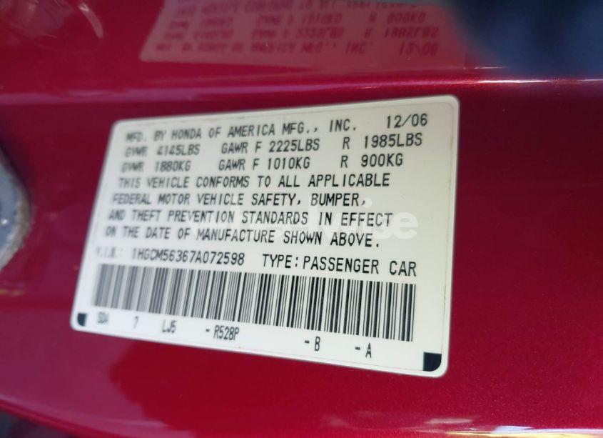 Photo 9 of 2007 Honda Accord 2.4 SE (VIN 1HGCM56367A072598)