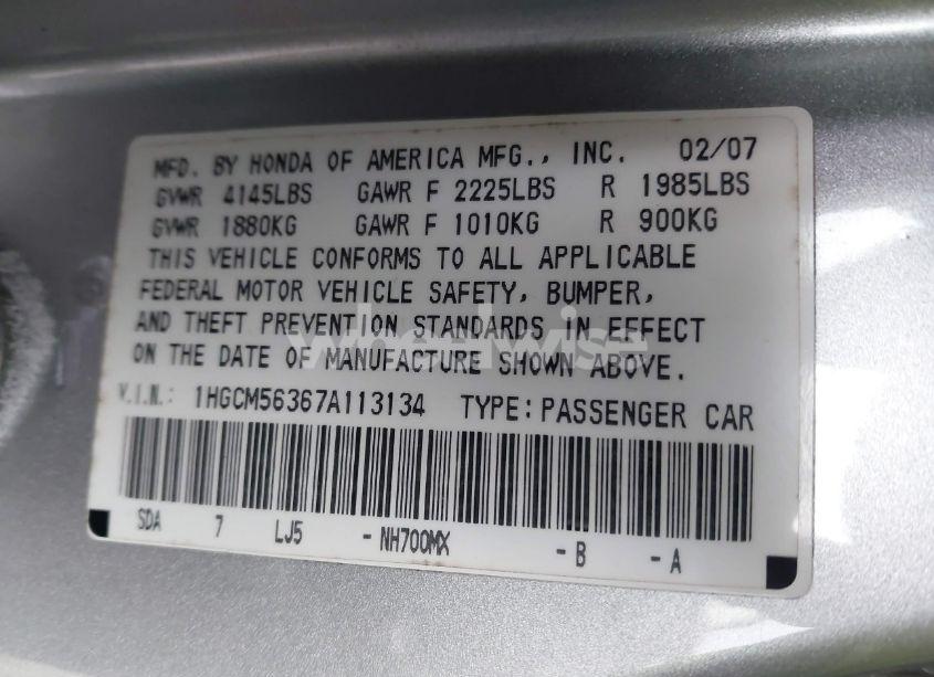 Photo 9 of 2007 Honda Accord 2.4 SE (VIN 1HGCM56367A113134)