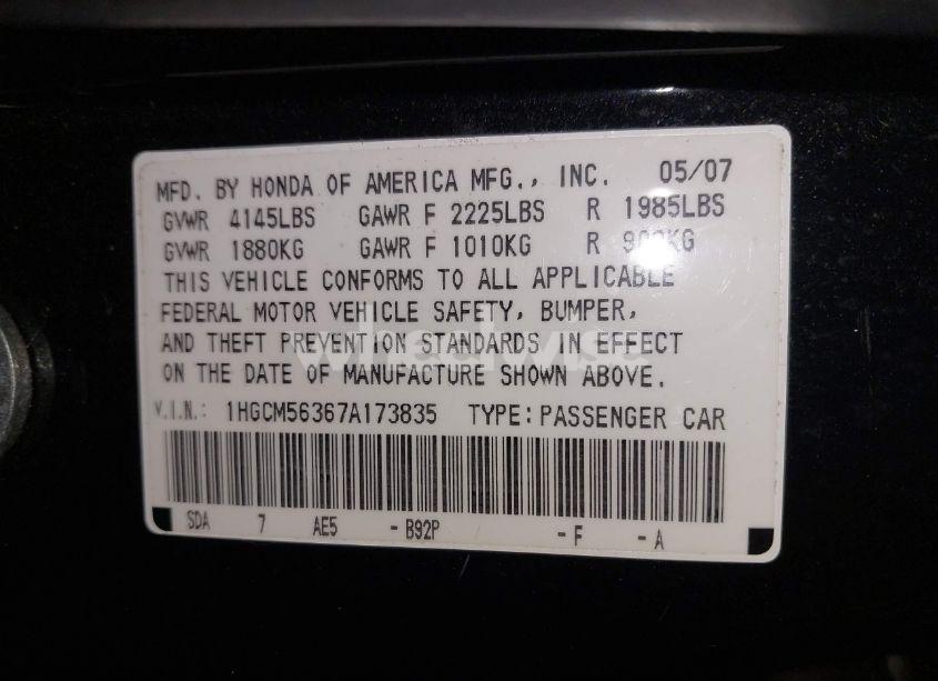 Photo 9 of 2007 Honda Accord 2.4 SE (VIN 1HGCM56367A173835)