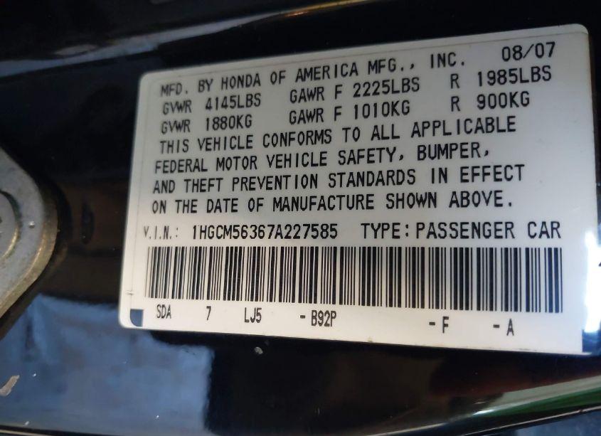 Photo 9 of 2007 Honda Accord 2.4 SE (VIN 1HGCM56367A227585)