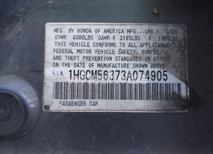 Photo 9 of 2003 Honda Accord 2.4 LX (VIN 1HGCM56373A074905)