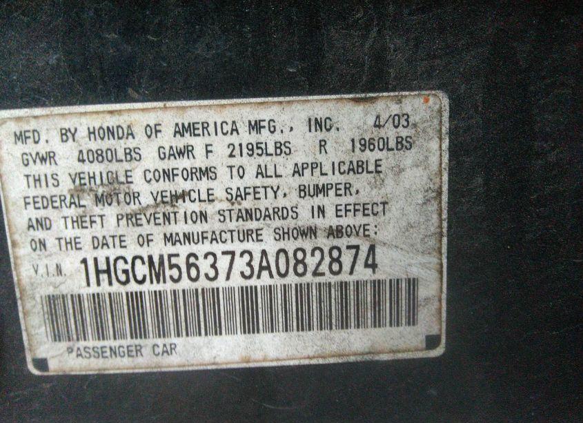 Photo 9 of 2003 Honda Accord 2.4 LX (VIN 1HGCM56373A082874)