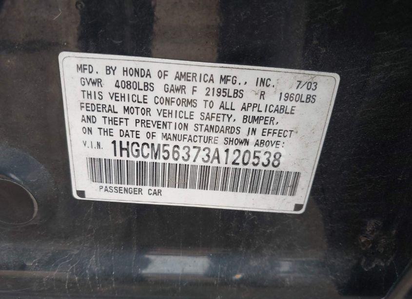 Photo 9 of 2003 Honda Accord 2.4 LX (VIN 1HGCM56373A120538)