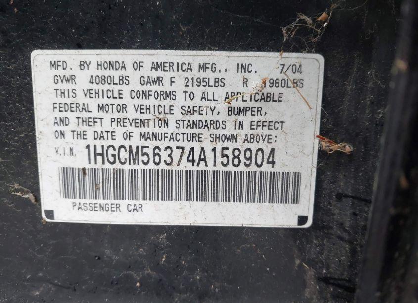 Photo 9 of 2004 Honda Accord 2.4 LX (VIN 1HGCM56374A158904)