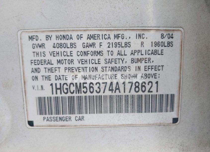 Photo 9 of 2004 Honda Accord 2.4 LX (VIN 1HGCM56374A178621)