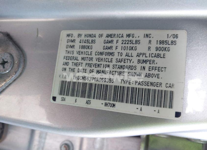 Photo 9 of 2006 Honda Accord 2.4 SE (VIN 1HGCM56376A066355)