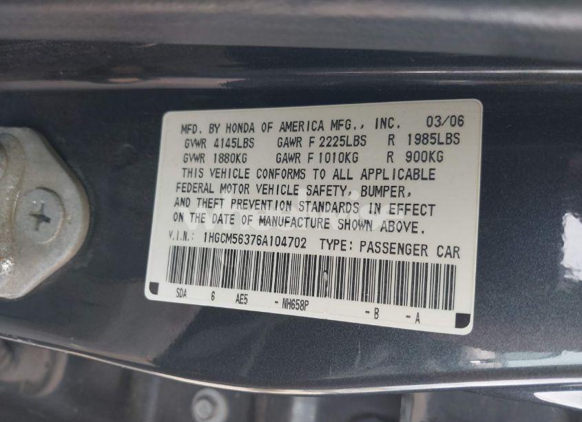Photo 9 of 2006 Honda Accord 2.4 SE (VIN 1HGCM56376A104702)
