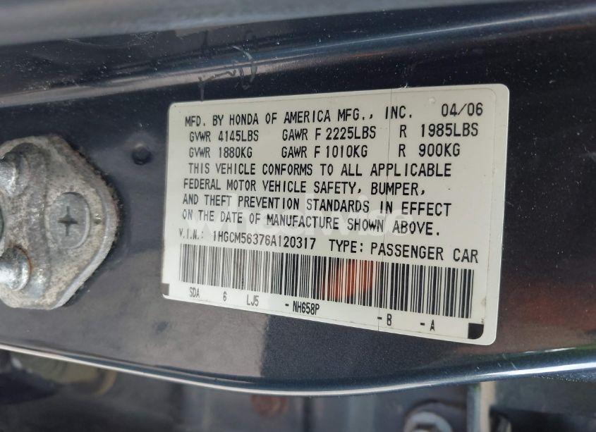 Photo 9 of 2006 Honda Accord 2.4 SE (VIN 1HGCM56376A120317)